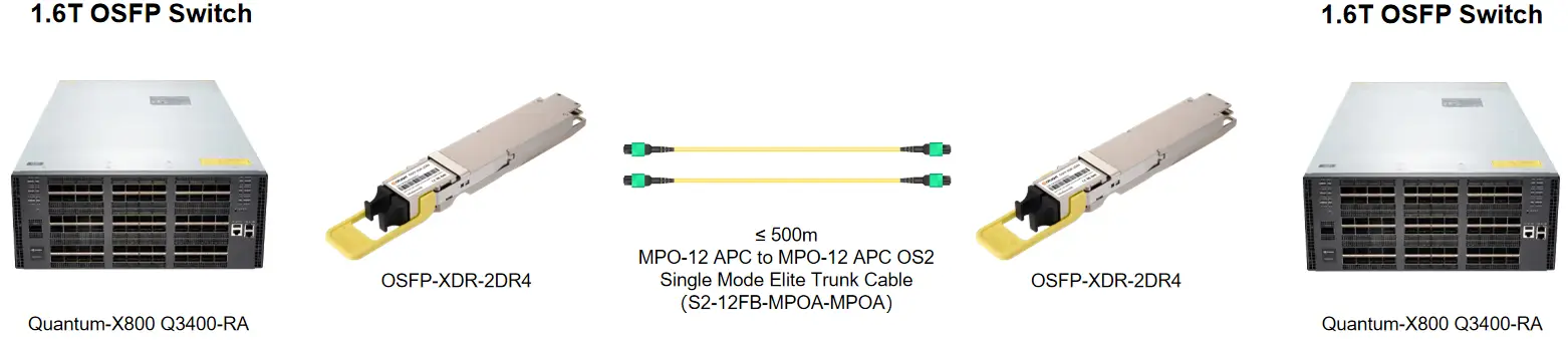 800G InfiniBand XDR leaf-to-spine link between Quantum-X800 leaf and spine switches