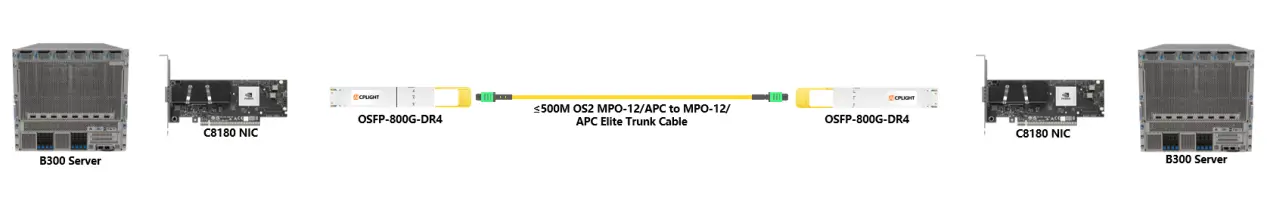 Network connection topology showing B300 Servers, C8180 NICs, OSFP-800G-DR4 transceivers, and an MPO trunk cable.