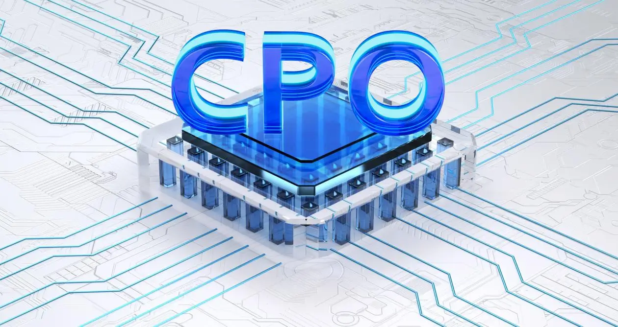 Illustration of co-packaged optics integrated with a central chip package and surrounding high-speed interconnects