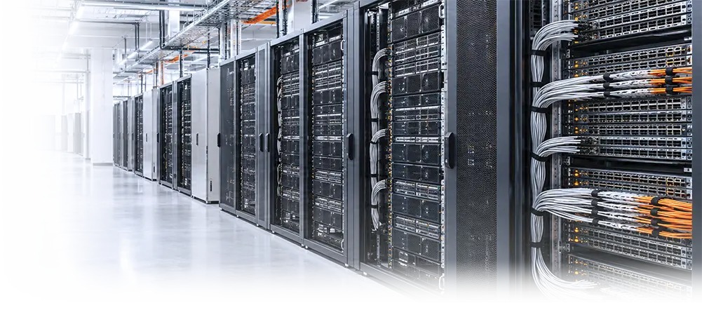 AI data center racks supporting high-speed InfiniBand XDR networking