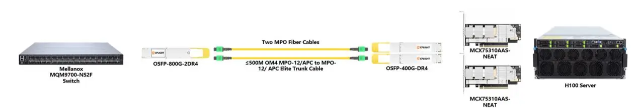 Topology connecting Mellanox MQM9700-NS2F switch, OSFP-800G-2DR4 and OSFP-400G-DR4 transceivers, and H100 Server.