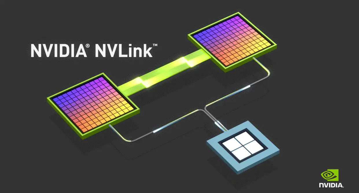 3D architectural diagram illustrating NVIDIA NVLink high-speed interconnect technology connecting multiple GPUs and a switch