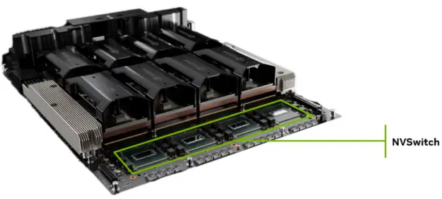 Detailed hardware view of an NVIDIA server board highlighting the embedded NVSwitch chips along the circuit board