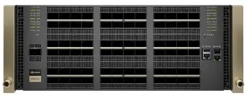Front panel hardware view of the NVIDIA Quantum-X800 high-density network switch