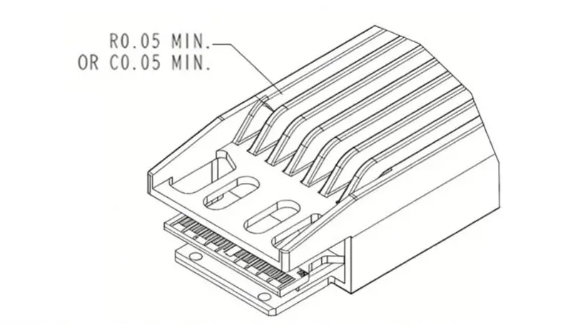 Isometric view of an OSFP finned-top heat sink with exposed cooling fins