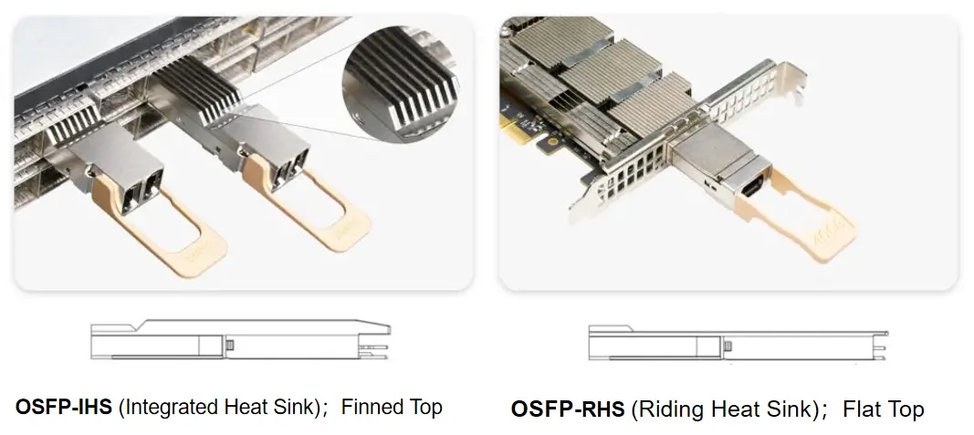 Comparison of OSFP-IHS finned-top and OSFP-RHS flat-top transceiver heat sink designs
