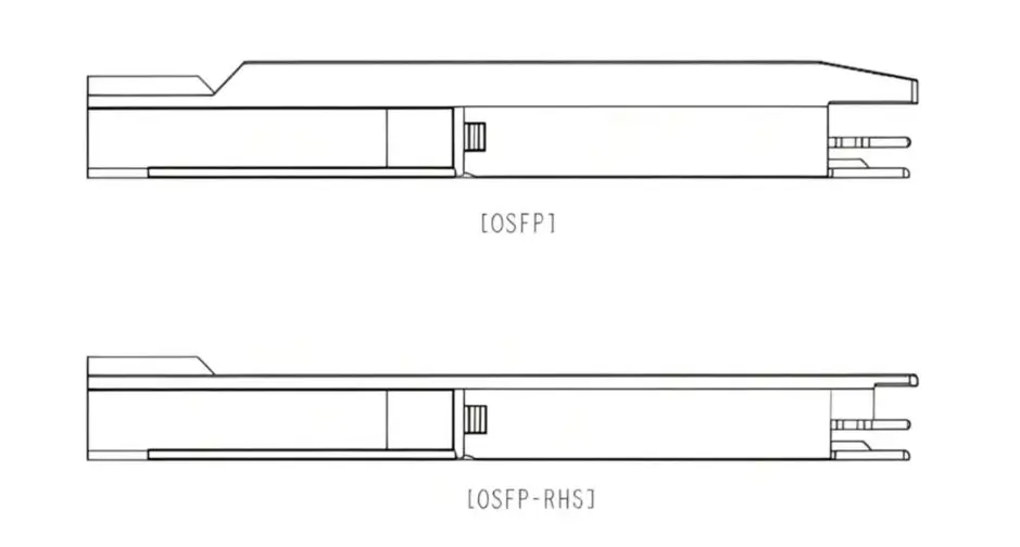 Side view comparing OSFP-IHS and OSFP-RHS modules with integrated and flat-top thermal designs