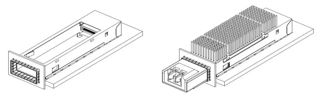 OSFP-RHS cage only and assembled OSFP-RHS module with a riding heat sink