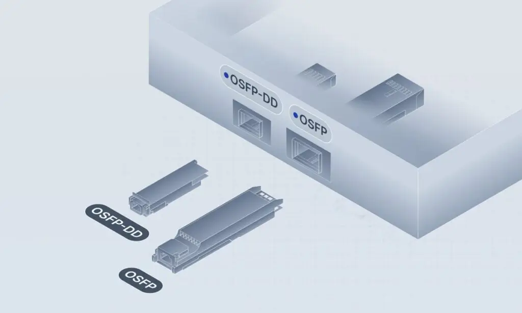 OSFP and QSFP-DD optical transceiver form factors with corresponding front-panel ports